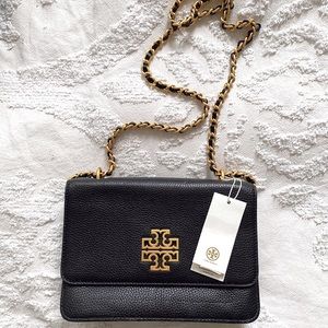 Tory Burch NWT Britten Black Pebbled Leather Shoulder Bag With Gold Hardware